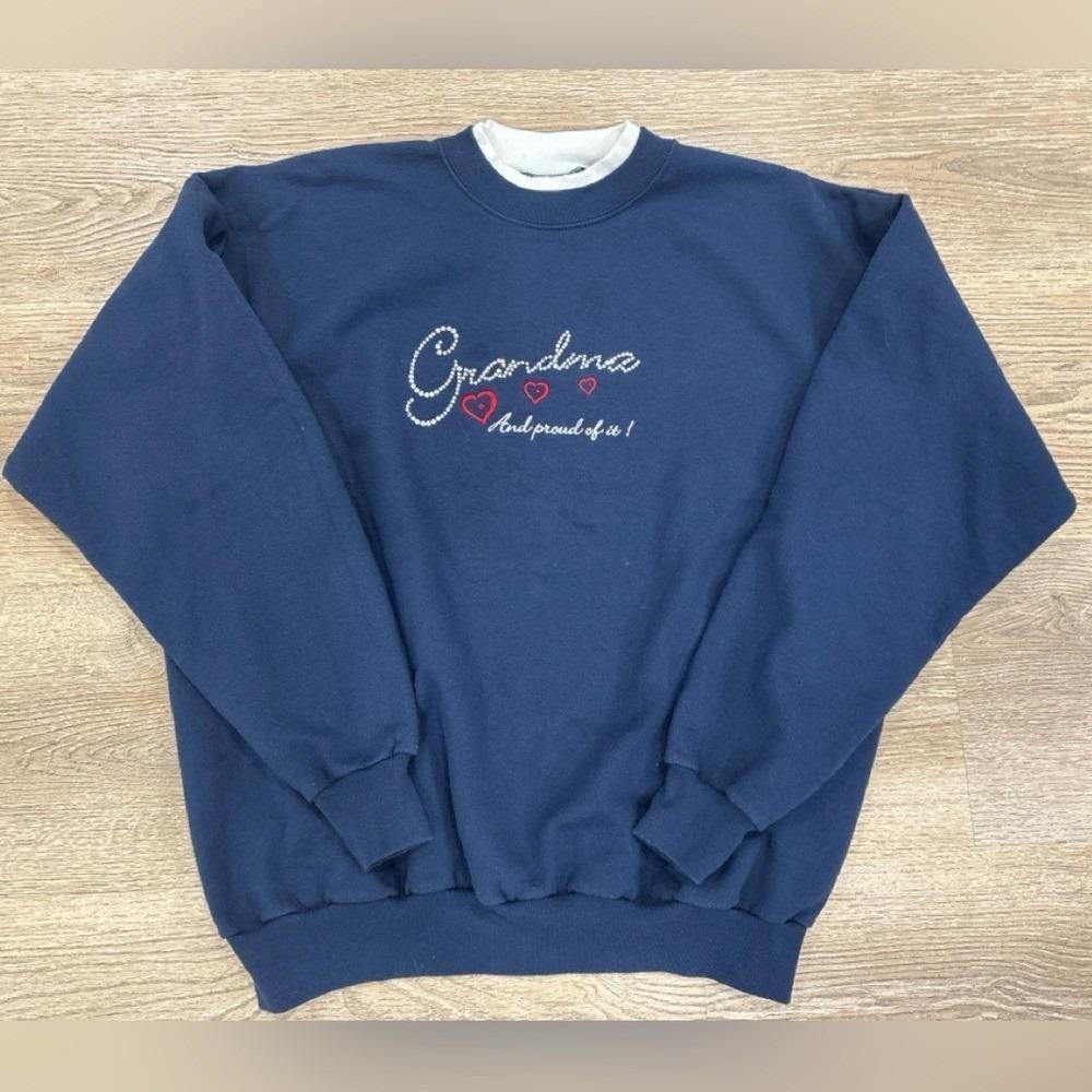 Vintage Grandma Proud Of It Sweatshirt Navy Rhinestone Hearts Size Large